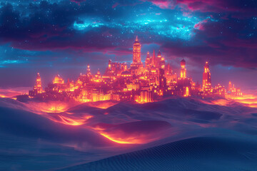 A luminous desert city glows under a vibrant, starlit sky, a breathtaking fantasy landscape.