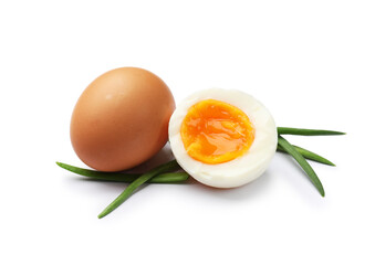Soft boiled eggs with green onions isolated on white