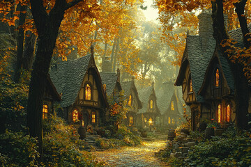 Enchanted autumnal village nestled in a mystical forest, glowing with warm light.