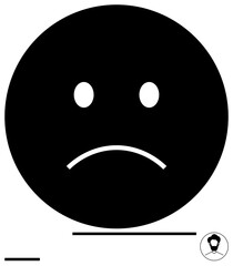 Fototapeta premium Black circle with two white eyes and a downward-curved mouth for sadness. Ideal for emotions, mental health, melancholy, simplicity, communication, mood tracking, and a simple landing page