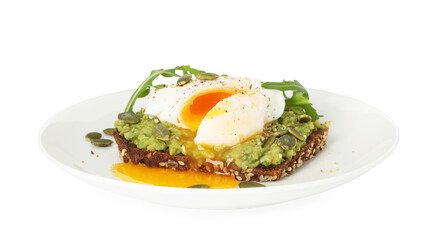 Delicious sandwich with avocado, poached egg, arugula and pumpkin seeds isolated on white