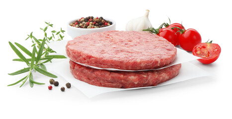 Fresh raw patties for burger, tomatoes and spices isolated on white
