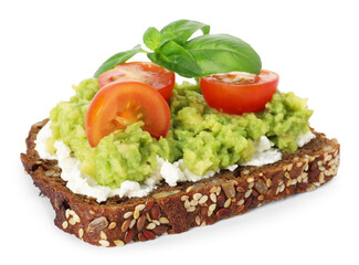 Delicious sandwich with avocado, cream cheese, tomatoes and basil isolated on white