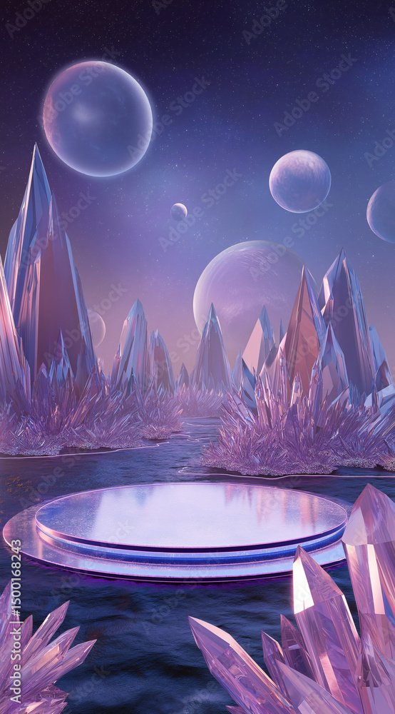Poster crystalline landscape on an alien planet with floating orbs and a reflective platform in the foregro