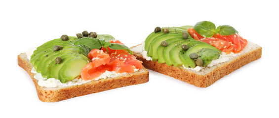Delicious sandwiches with avocado, salmon, cream cheese and capers isolated on white
