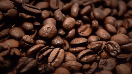 Coffee beans. Roasted coffee beans background. Top view coffee beans, close up beautiful for coffee shop texture background