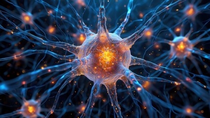 Active nerve cell with glowing synapse representing brain activity, neural communication, or central nervous system function for neuroscience, medical education, artificial intelligence, biotech