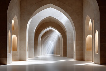 Fototapeta premium Sunlight streams through a series of arched walkways in a captivating architectural marvel, The play of light and shadow adds a dramatic effect to the serene design.