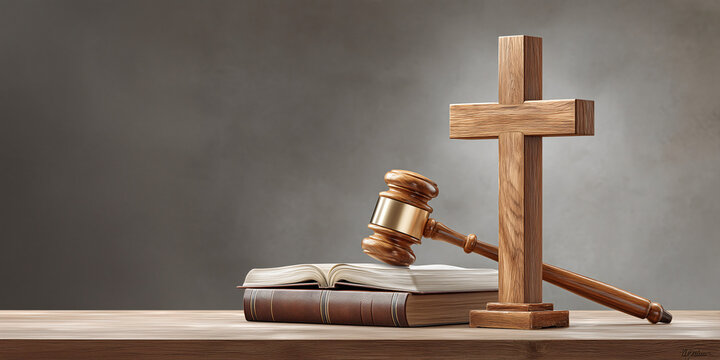 A wooden cross and gavel resting on an open bible, set against a neutral backdrop, symbolizing faith, law, and justice