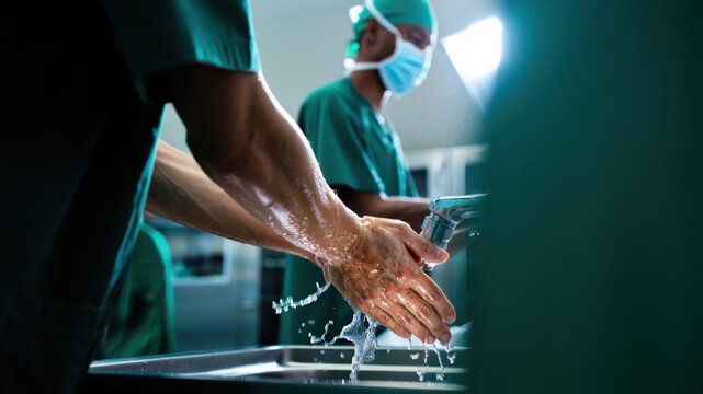 Surgeon washing hands before operation in sterile environment for surgical preparation, infection control, hospital procedures, medical hygiene education, and clinical practice visuals