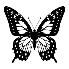 Black and white silhouette of a tropical butterfly on a white isolated background. Vector graphics. EPS.