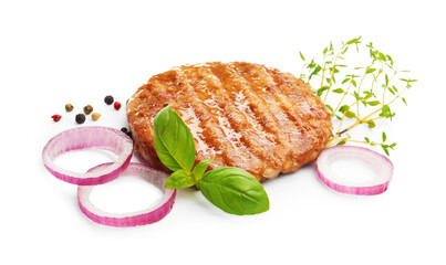 Delicious hamburger patty and spices isolated on white