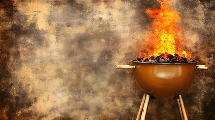 Fiery Charcoal Grill on Rustic Background BBQ