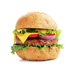 Delicious hamburger with patty and cheese isolated on white