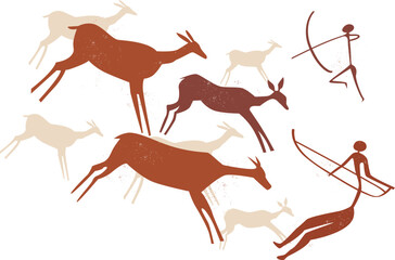 Cave art style illustration of wild animals and hunters on white background. Perfect for themes related to prehistory, ancient culture, anthropology, early human history, and symbolic storytelling.