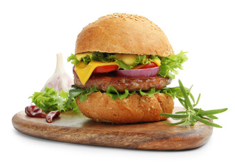 Delicious hamburger with patty and cheese isolated on white