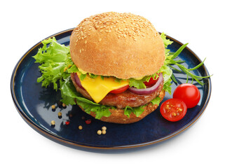 Delicious hamburger with patty and cheese isolated on white