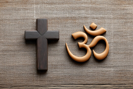 A cross and an Om symbol, representing different religious faiths, sit side by side on a textured surface