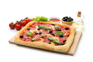 Tasty square homemade pizza and ingredients isolated on white
