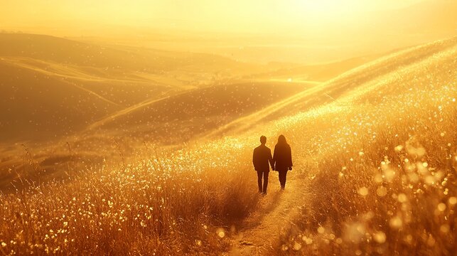 Couple walks together along the grassy path during golden hour light in the scenic countryside landscape.