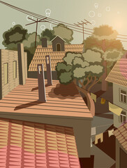 City roofs. Flat vector illustration in natural colors