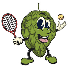 vintage hops vektor illustration mascot character playing tennis, work of hand drawn