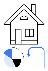 House outline with window and chimney, segmented pie chart, and curved downward arrow. Ideal for real estate, financial planning, market trends, housing costs, investment, affordability
