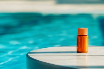 A vibrant orange sunscreen bottle sits on a smooth poolside table surrounded by sunlight. The clear blue water is visible in the background, enhancing the summer relaxation vibe
