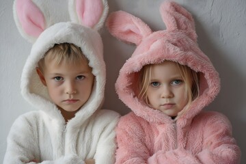 Two children wearing bunny costumes are standing next to each other. One is wearing a white bunny costume and the other is wearing a pink bunny costume. They both have their arms crossed