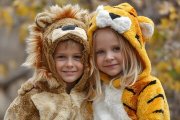 Two children wearing animal costumes, one is a lion and the other is a tiger. They are smiling and posing for a picture