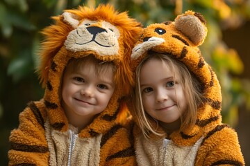 Two young children wearing tiger costumes are smiling at the camera. Scene is happy and playful