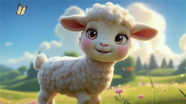 ute cartoon sheep standing in colorful flower field with sunlit background 3d cartoon with ai generated.
