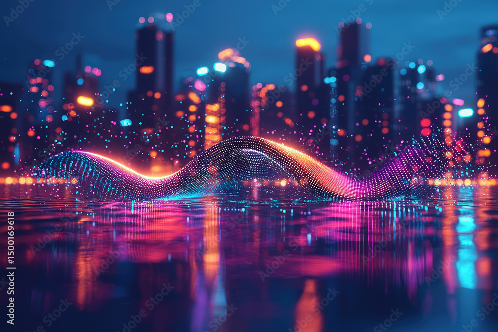 Poster a vibrant, glowing wave of data points reflected in a city's nighttime waters, symbolizing digital t