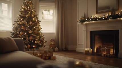 Decorated Christmas tree glows with lights and ornaments, nestled among wrapped gifts in a cozy living room.