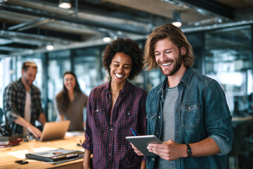 Mujer sonriente con tablet en oficina moderna, hombre de fondo desenfocado, ambiente laboral positivo.Liderazgo femenino, confianza brillante, ambiente colaborativo, innovación constante.