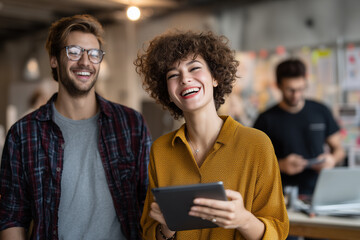 Mujer sonriente con tablet en oficina moderna, hombre de fondo desenfocado, ambiente laboral positivo.Liderazgo femenino, confianza brillante, ambiente colaborativo, innovación constante.