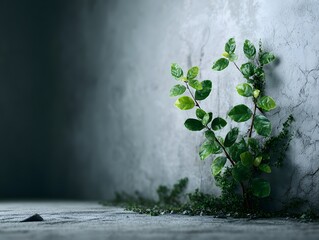 Small plant is growing on a wall. The plant is green and has a few leaves. The wall is grey and the plant is growing on the side of it