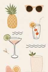 Summer pattern with pineapple, sunglasses, cocktail and fruit juice