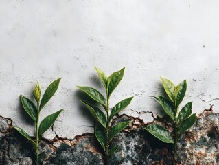 Three green leaves are on a wall. The leaves are on a wall that is made of concrete