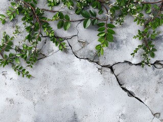 White wall with green leaves growing on it. The leaves are scattered all over the wall, creating a natural and organic feel. The wall is made of concrete, giving it a sturdy and durable appearance