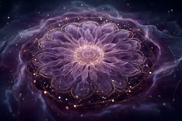 Purple flower with gold petals is surrounded by a swirl of smoke. The flower appears to be floating in space, with the smoke surrounding it like a protective shield. Concept of wonder and mystery