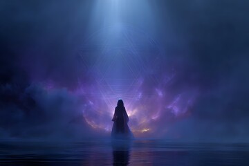 Woman stands in front of a large, glowing orb. The scene is set in a dark, mysterious atmosphere with a sense of wonder and awe