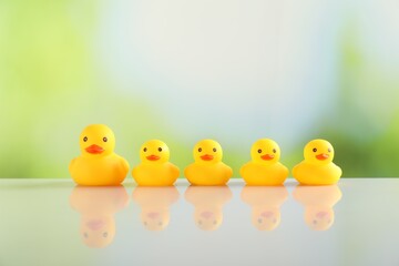 Cute rubber ducks on table against blurred background