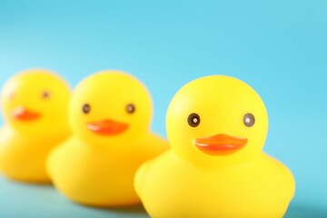 Three cute rubber ducks on light blue background, closeup