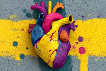 Heart made of paint is on a yellow and blue background. The heart is made of different colors and has a unique design. The background has splatters of paint, giving the image a creative