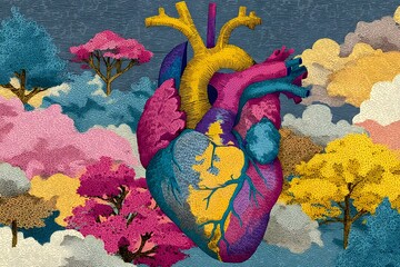 Colorful heart with pink, yellow, and blue colors. The heart is surrounded by trees and clouds