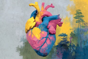 Heart with pink, blue and yellow colors. The heart is surrounded by trees and the background is a mix of colors