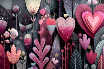 Painting of a forest with many flowers and trees, and hearts. The painting is full of pink and purple colors, and it gives off a feeling of love and warmth