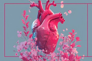 Heart is surrounded by pink flowers and leaves. Concept of love and affection