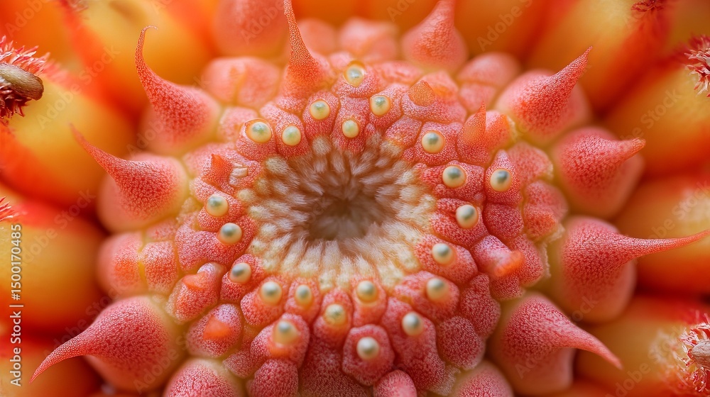 Poster flower's center reveals intricate patterns with spiky protrusions and tiny spheres arranged symmetri